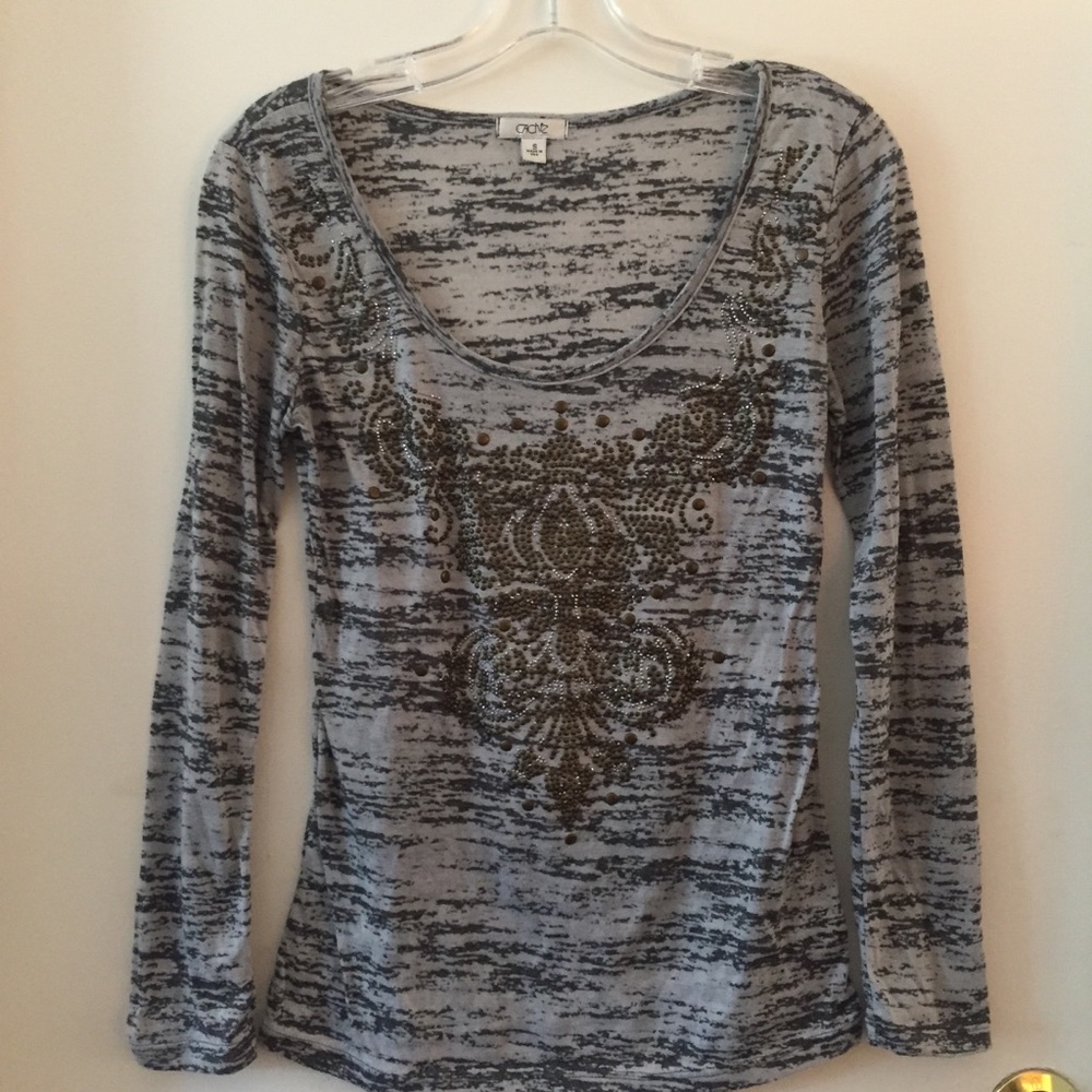 Cache Gray Black Embellished Tissue Tee Lg Slvd S
